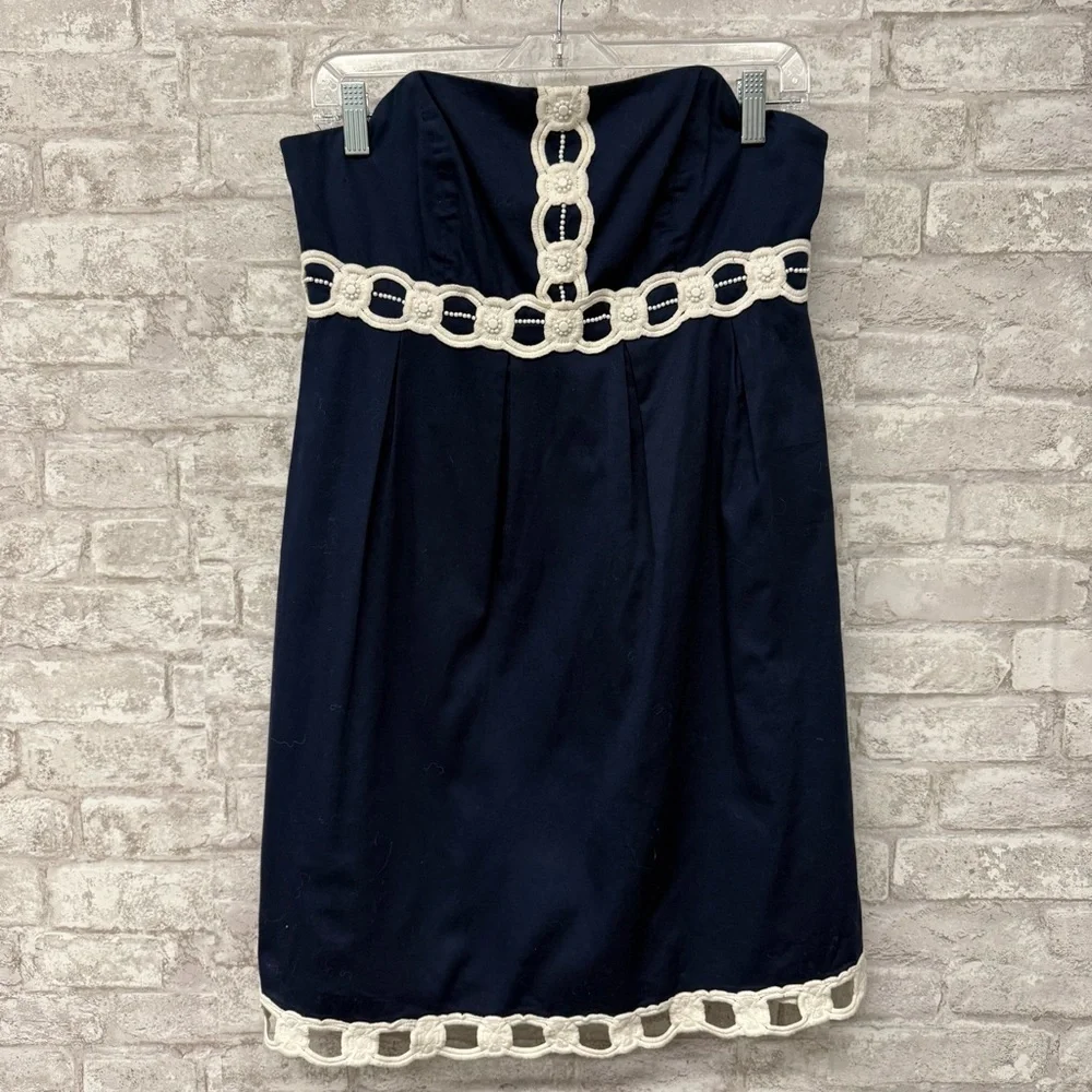 Lilly Pulitzer strapless dress navy white beaded women’s size 8 100% cotton - Picture 1 of 9